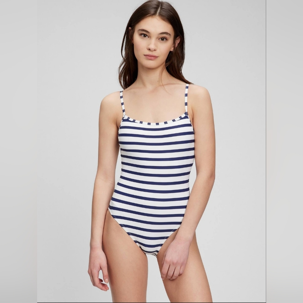 Gap Recycled Tank One-Piece Swimsuit Natucal Navy White Stripe Size S NWOT SU034